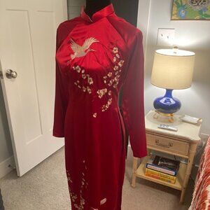 Red Satin Crane Embroidered Cheongsam Teatimer Dress